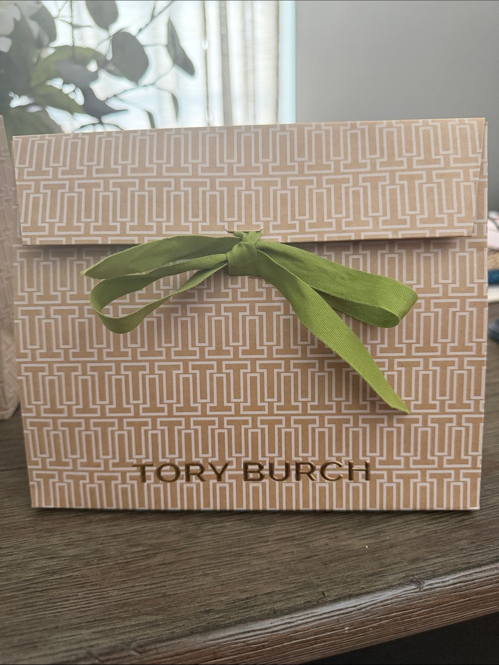 Tory Burch Beige Logo Pattern Gift Box with Green Ribbon